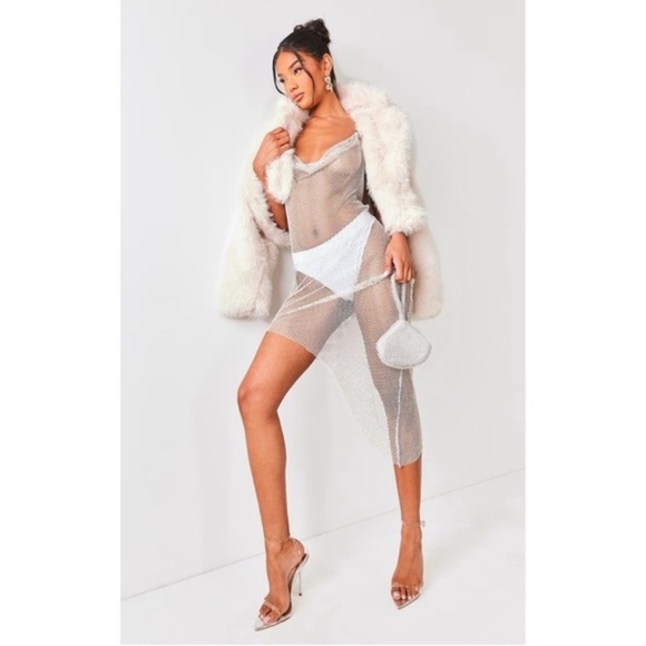 PrettyLittleThing Dresses & Skirts - PrettyLittleThing White Rhinestone Mesh Dress with Silver Chain Straps
